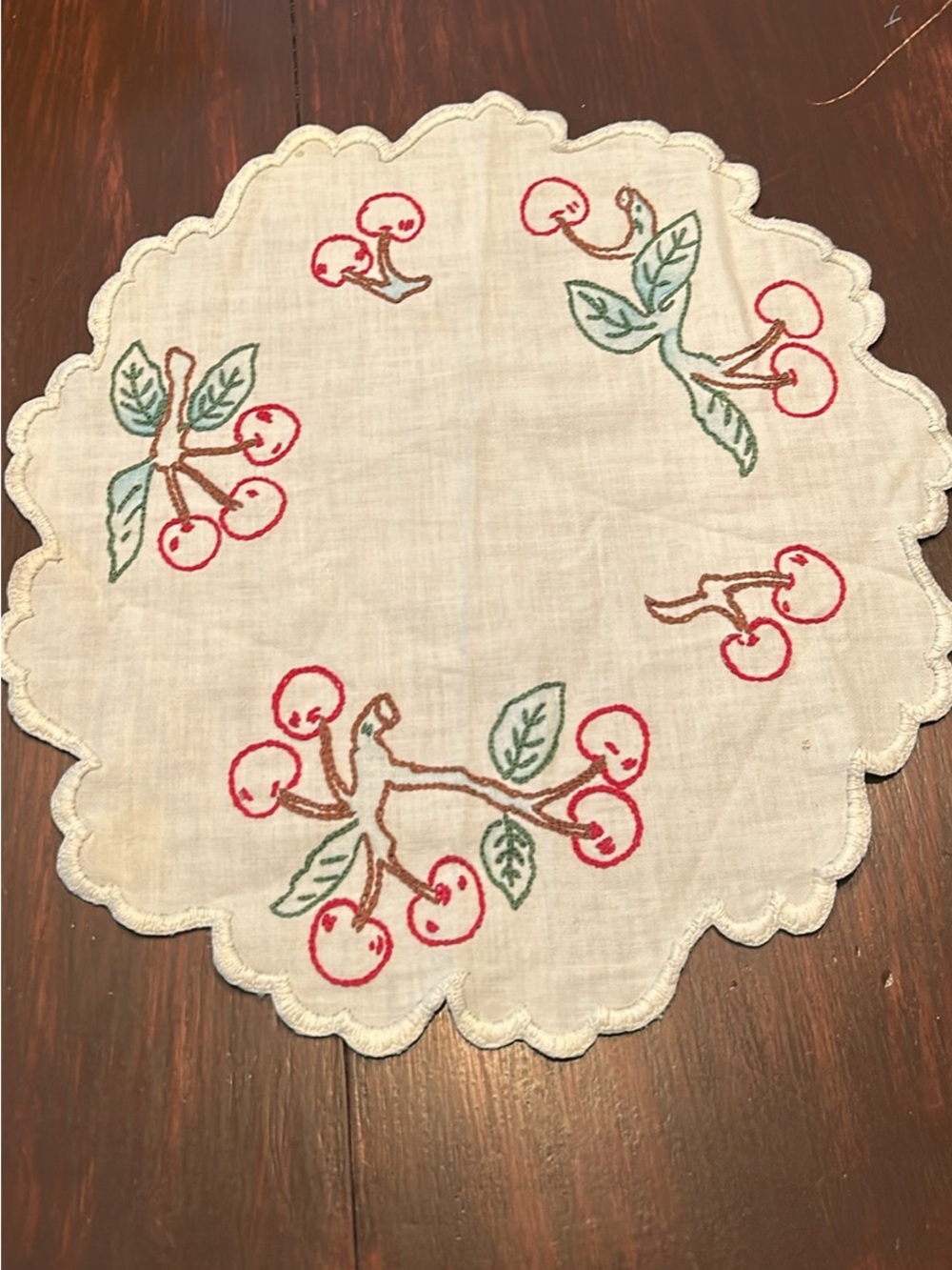 Hand-Embroidered Cherry Round Linen Doily - Red & Green 13 in round